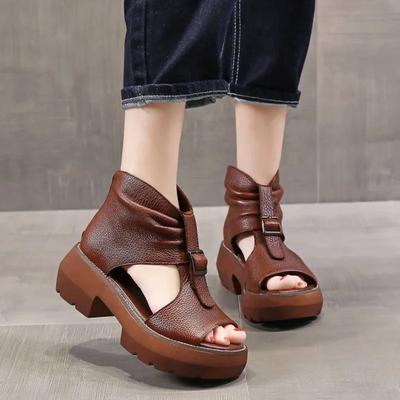 Vintage PU Leather Sandals Mid Heel Summer Fish Mouth Shoes Woman Summer Shoes Thick Sole Anti-slip Casual Sandalias De Mujer