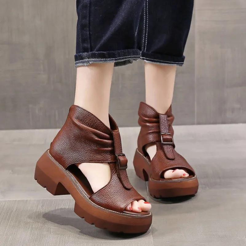Fashion Vintage PU Leather Sandals Mid Heel Summer Fish Mouth Ladies Shoes Summer Shoes Casual Mother Sandals