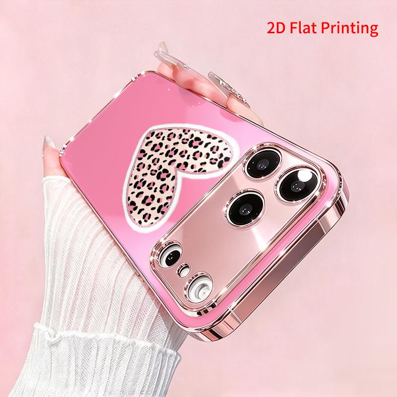 2DFlat electroplated tempered glass phone case,Heart Leopard Print Design,suitable for iPhone 18 Pro Max 17 16 15 14 13 12 11