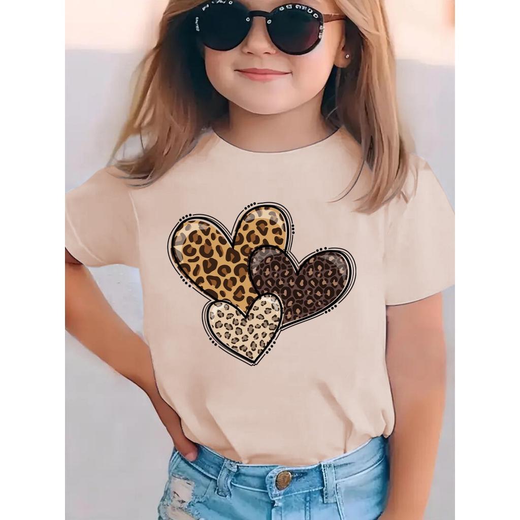 Dětské tričko s potiskem srdíček Leopardí láska Srdce Trendy Roztomilé Letní Top s kulatým výstřihem Módní Grafické tričko s krátkým rukávem Oblečení