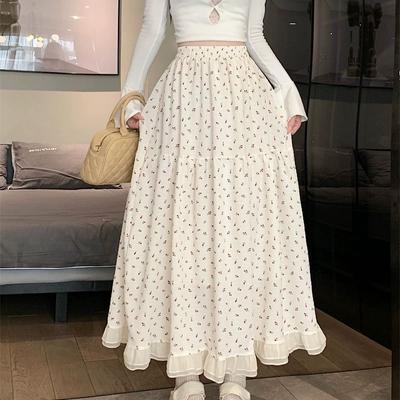 White Floral Long Skirt Womens Y2k Clothes Fashion Elastic High Waist Casual Elegant Spliced Gauze Skirts for Women 2024