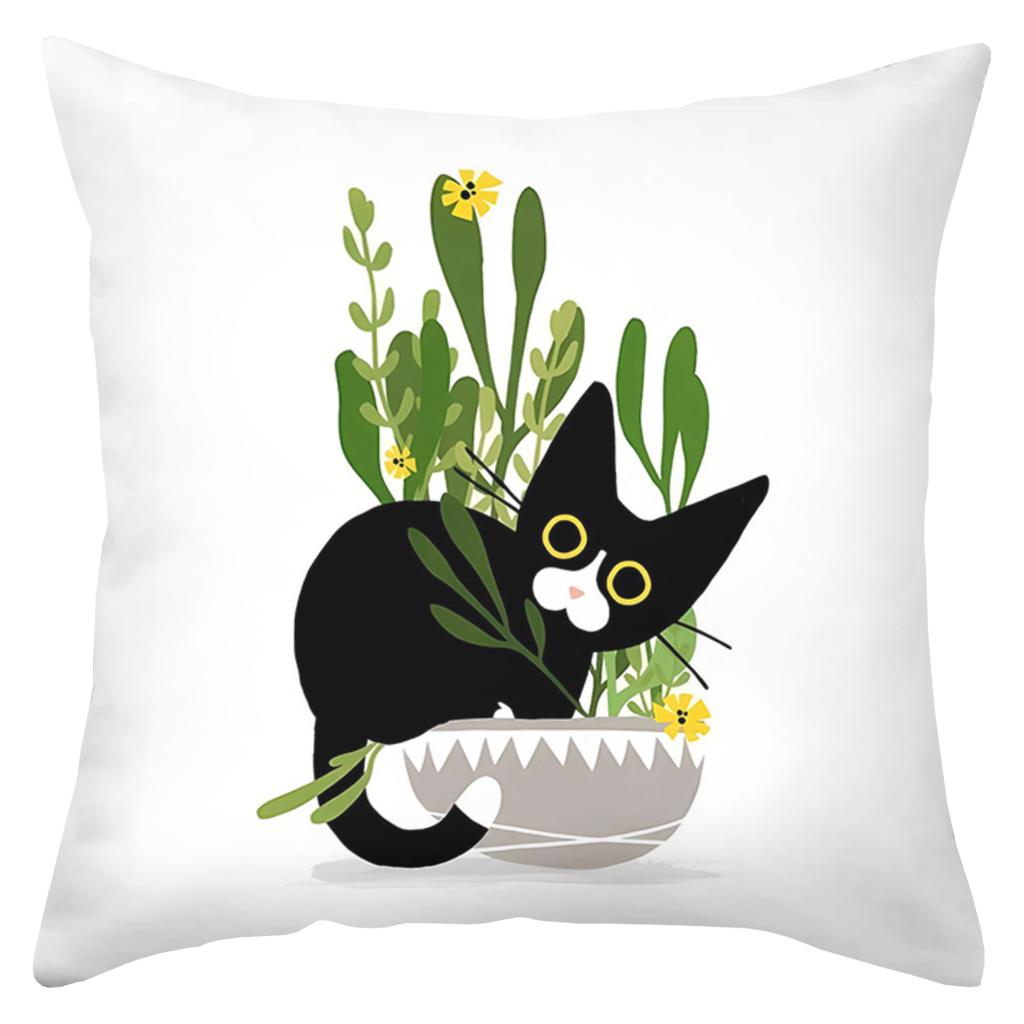 Black Cats Playing Among Potted Plants Decorative Cushions Polyester pillowcase, sofa decorative cushion cov Headboard Pillow