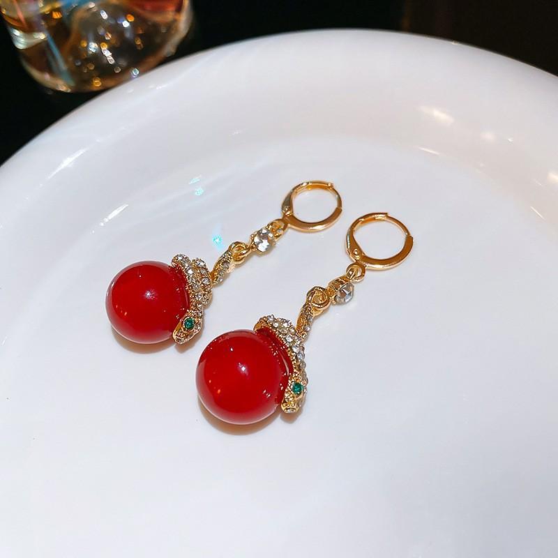 New Year's red flower flocking stud earrings women's niche earrings versatile earrings autumn and winter