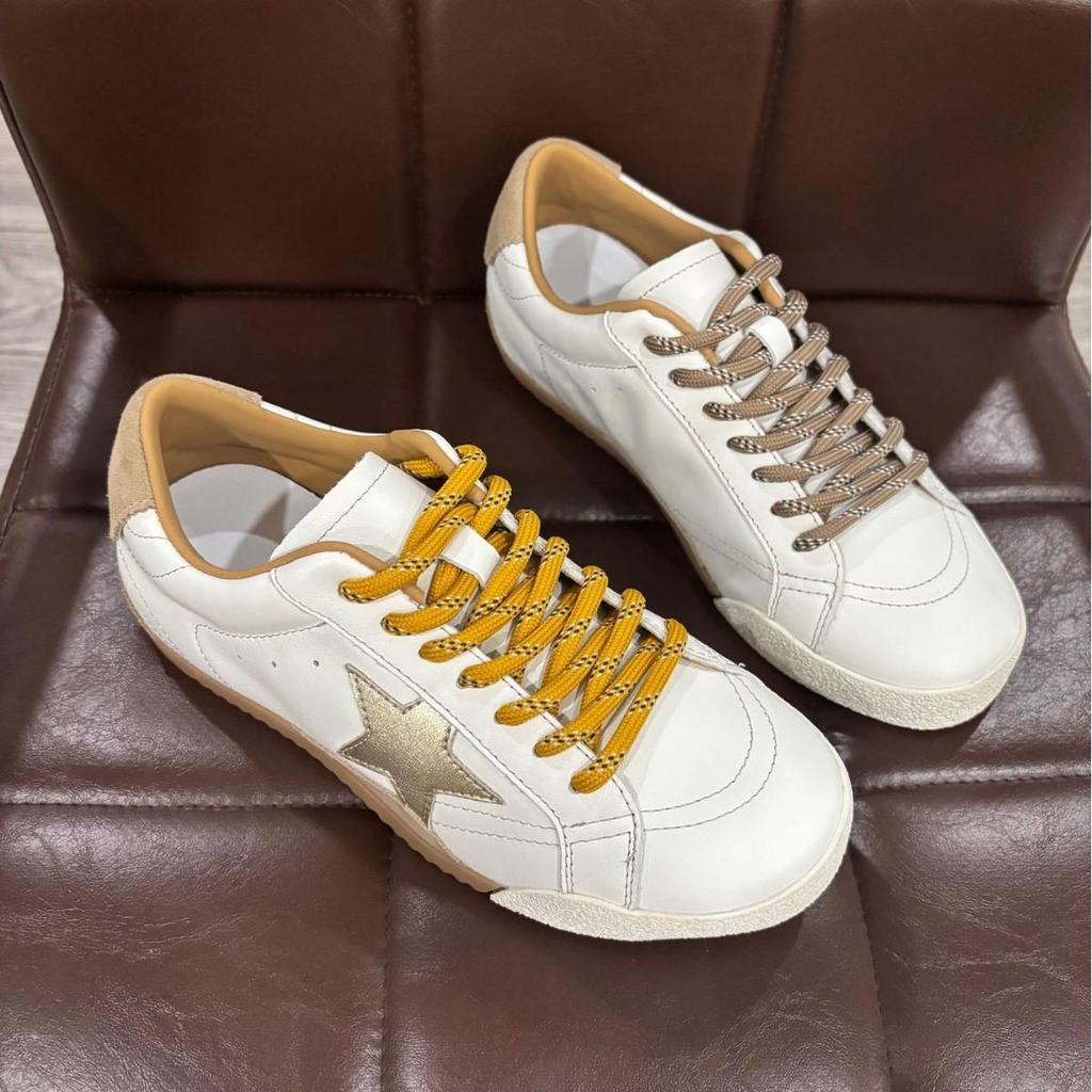 Women's Autumn Star Sneakers: Top Layer Cowhide with Sheepskin Lining, Breathable White Soft Sole Casual Shoes