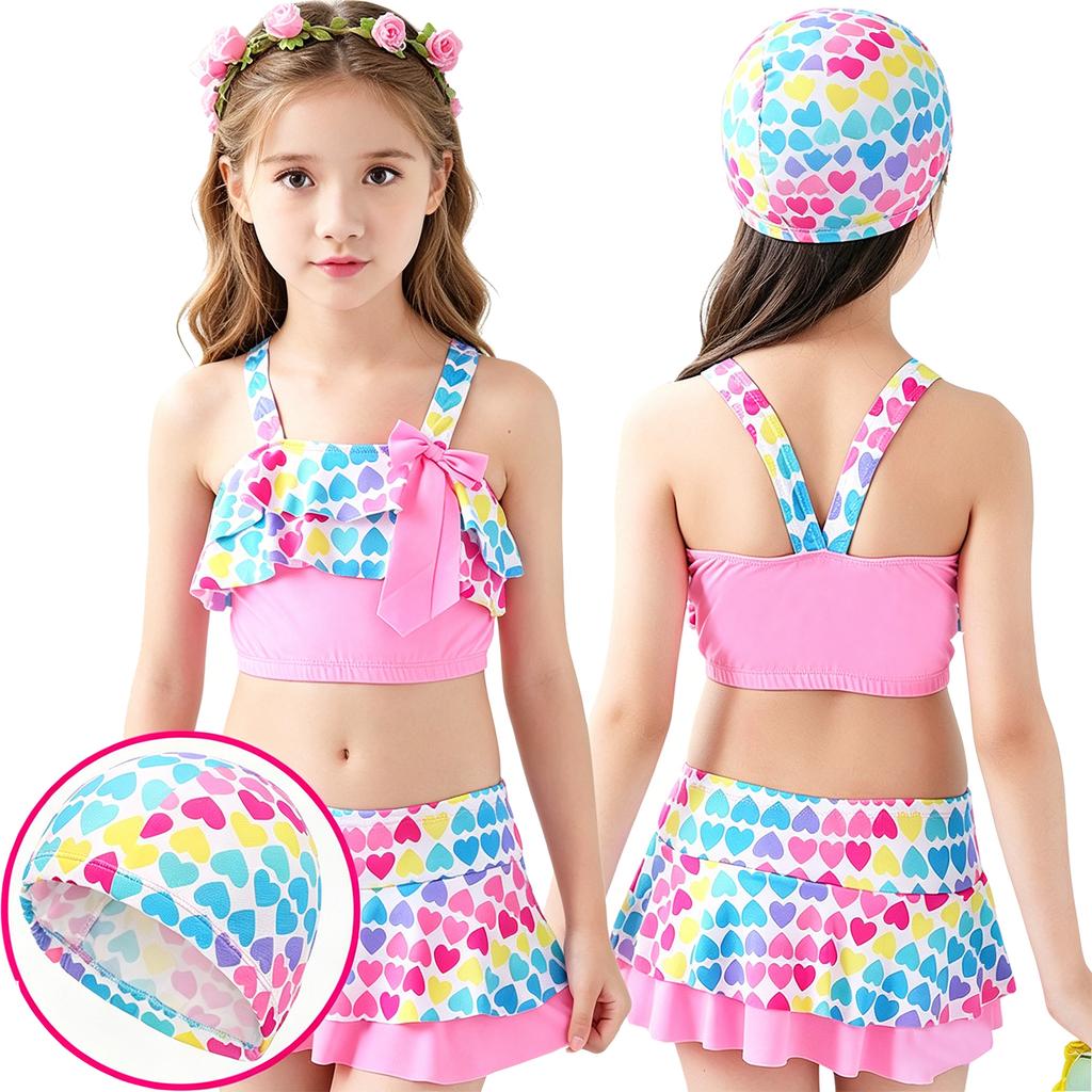 Girls Two Piece Swimsuit Set Tankini Top with Bow Detail Skirted Bottom and Matching Swim Cap for Summer Beach Pool Swimwear