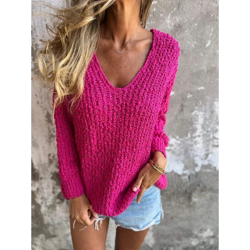 Autumn and Winter Women's Crewel Knit V-Neck Slouchy Long Sleeve Sweater
