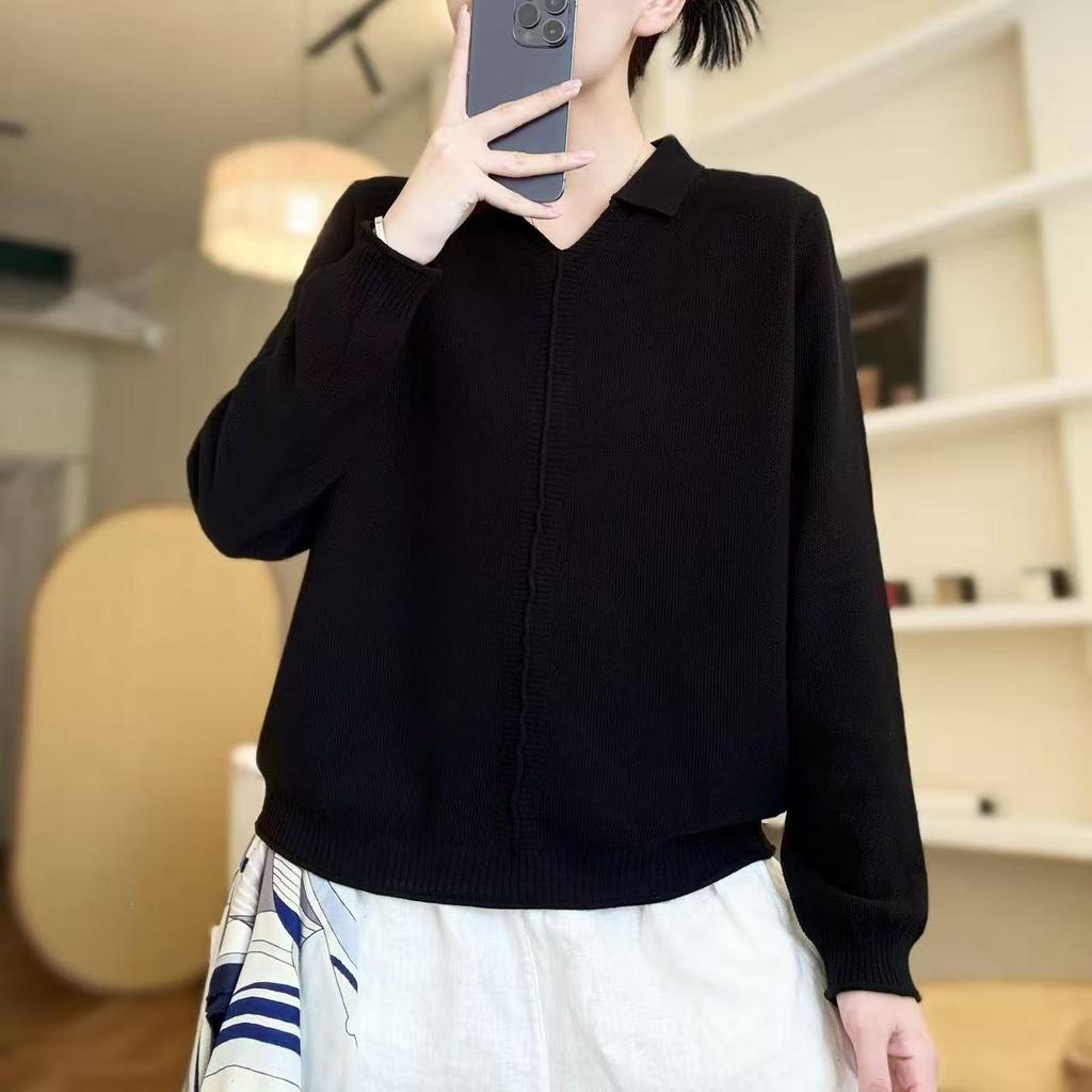 2026 Autumn New Simple Solid Color Knit Patchwork Sweater with Loose Lapel Pullover