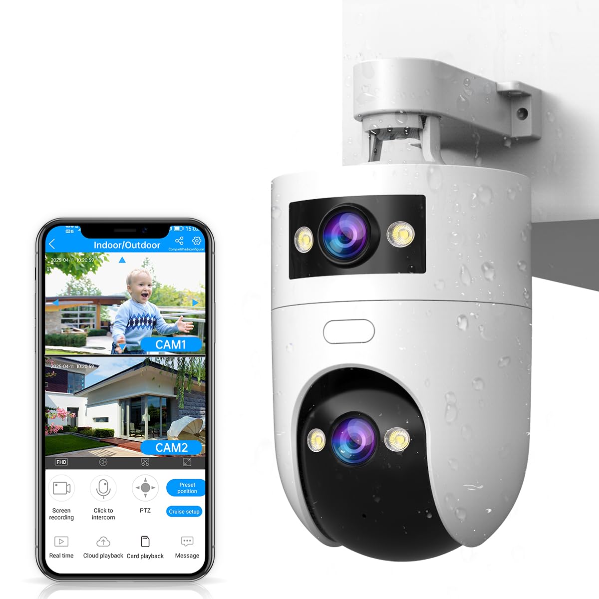 

JOOAN 3MP x 2 Dual Lens Security Camera Outdoor Cloud Automatic Omnidirectional Surveillance Camera Remote Control Wifi Night Color PTZ Function Swing