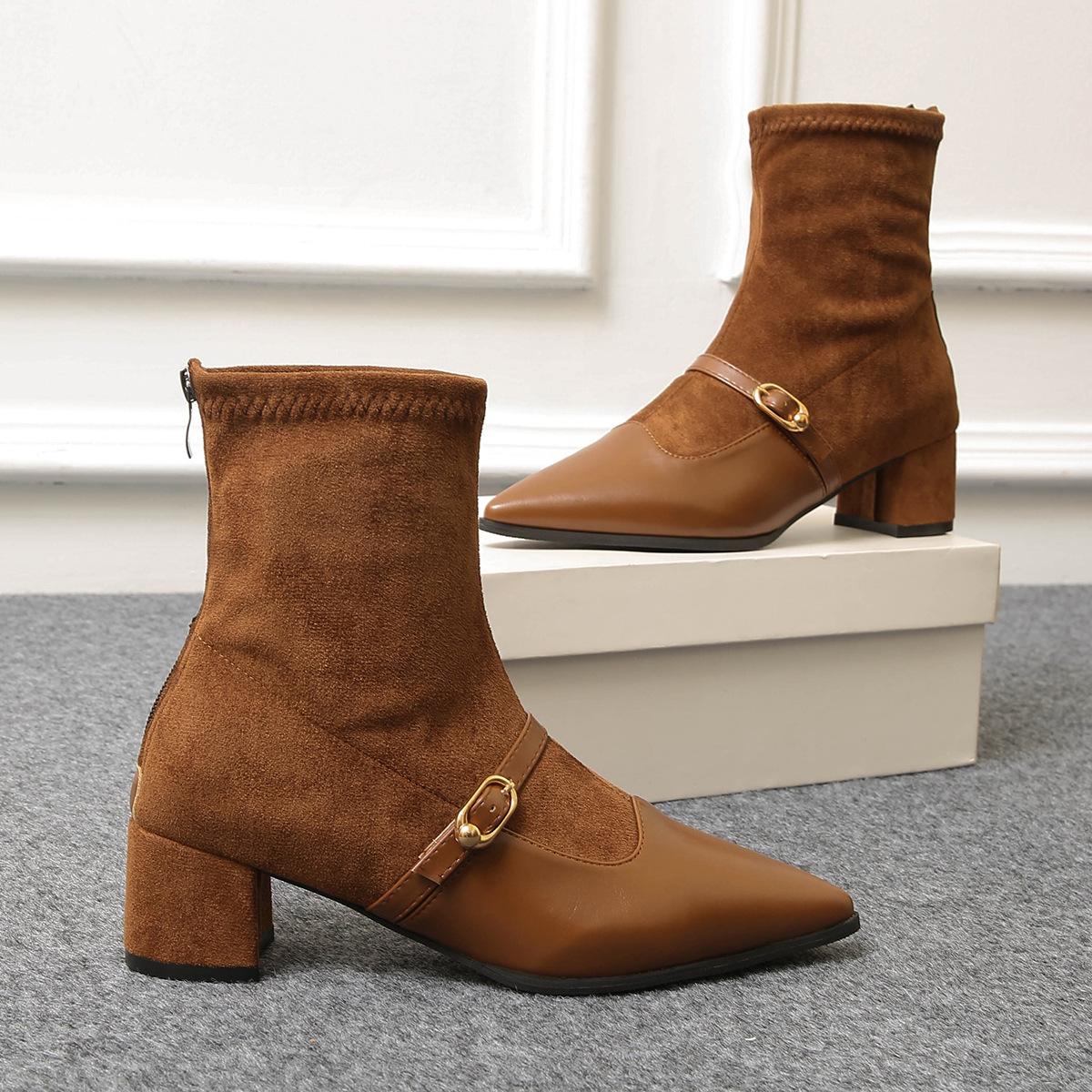 

Остроносые тонкие ботильоны на высоком каблуке женские 2025 осень и зима французские ботинки Мартин ретро темперамент толстый каблук комбинированные эластичные ботильоны 42 коричневый