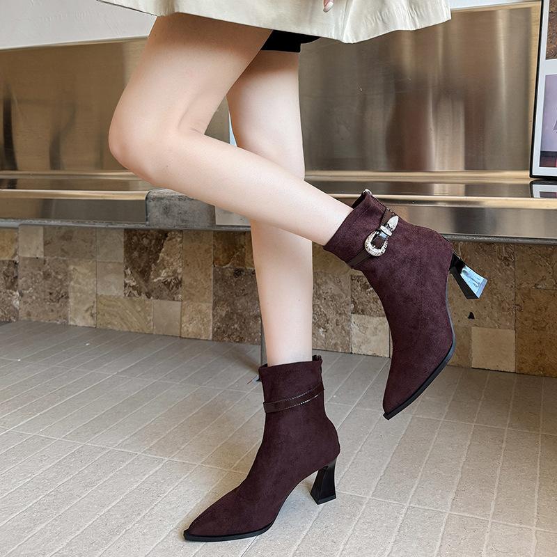 French Pointed Thick Heel Fashion Ankle Boots for Women in Autumn and Winter 2025, New Suede Style High-heeled Bare Boots