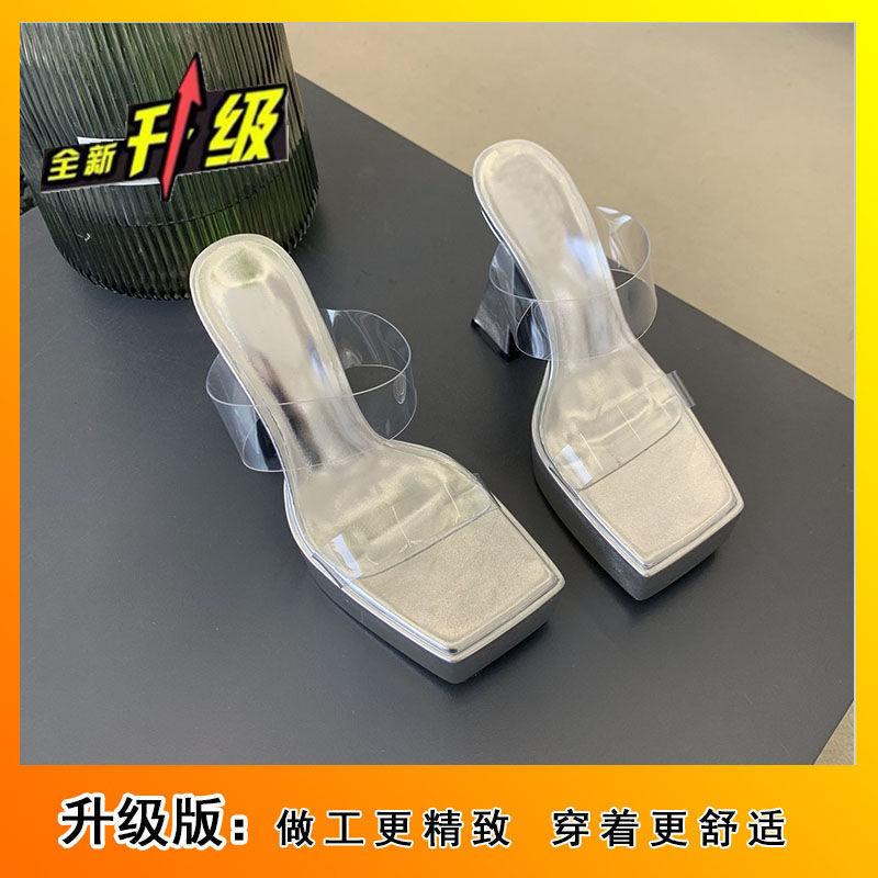 2025 nightclub sexy thick heel super high heels waterproof platform thick sole transparent square head fashion model catwalk sandals woman