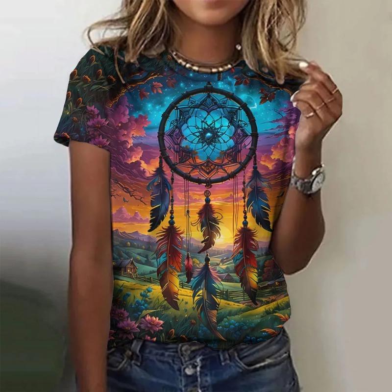 Summer Dreamcatcher 3D printed women's Harajuku style round neck short sleeved T-shirt