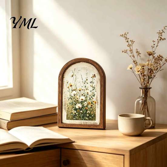 Farmhouse Style Wood Frame Arched Wooden Framed Wall Art, Wildflower Oil Painting Prints, Art Vintage Ornament for Living Room Bedroom Entryway,