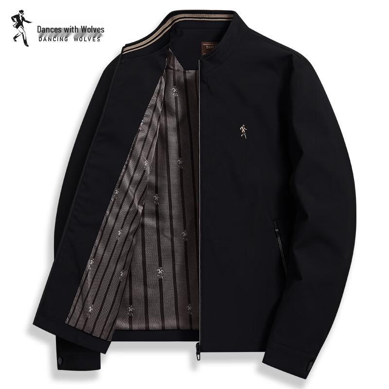 Dancing with Wolves Men's Casual Windproof Jacquard Ribbed Stand-Up Collar Jacket