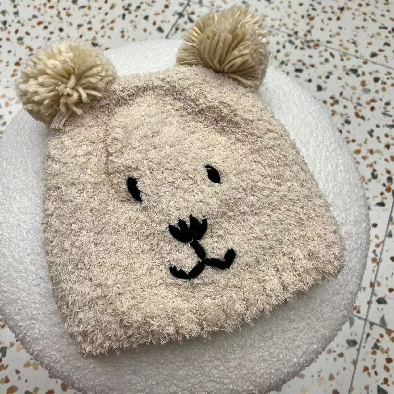 

Cute bear plush knitted pullover hat lady college style warm fashion personality screenshot bear cold hat tide M（56-58cm） абрикосовый