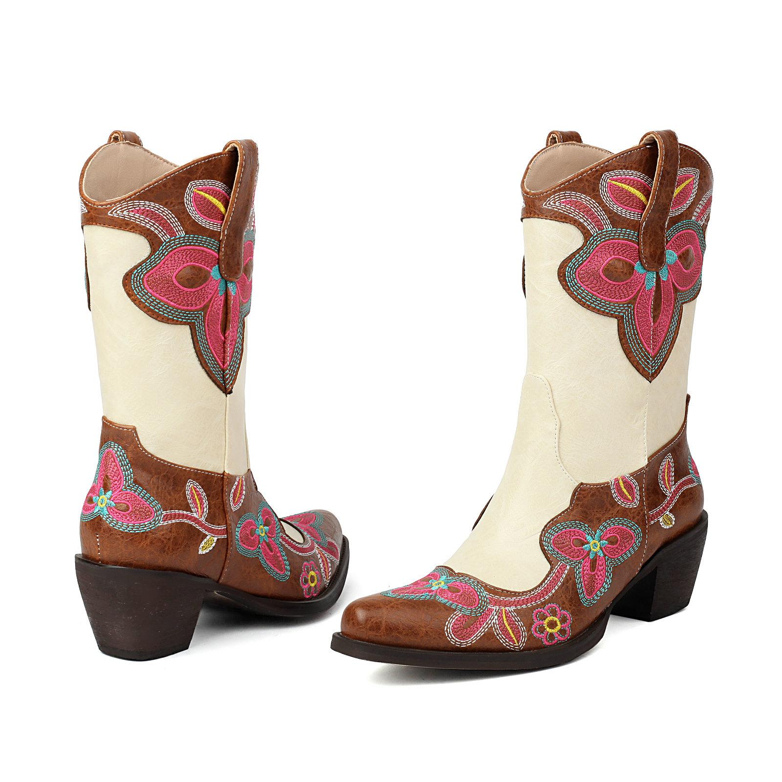 

Вышитые Цветочные Ковбойские Вестерн Сапоги Женские Ковбойские Ботильоны Удобные Массивные Средние Каблуки Обувь 2024 Осень Зима 7 коричневый