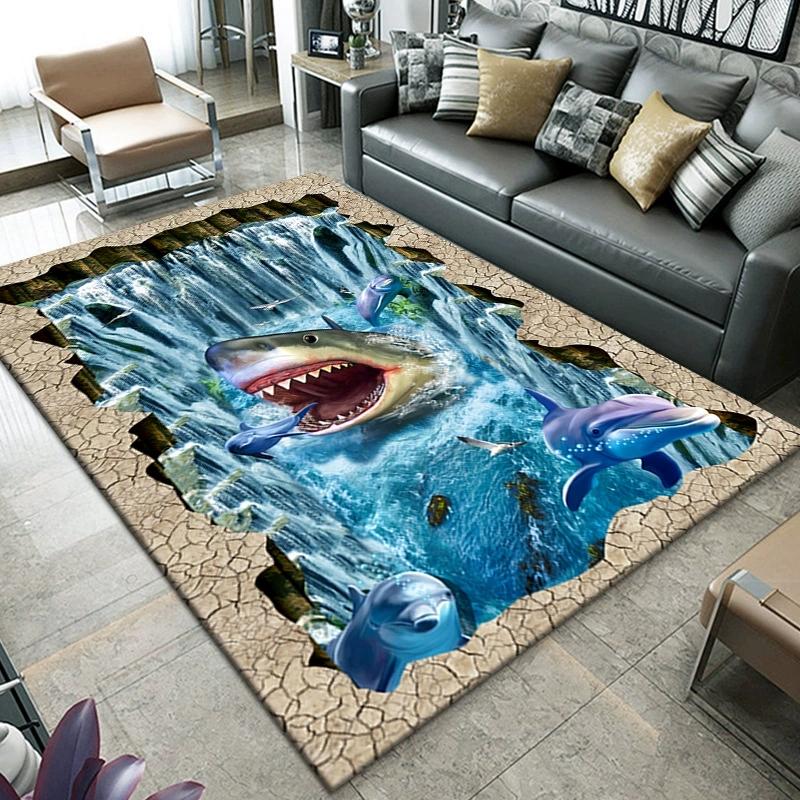 Living Room Carpet 3D Visual Printing Great White Shark Pattern Rug Bedroom Dining Room Non Slip Mat Home Decoration