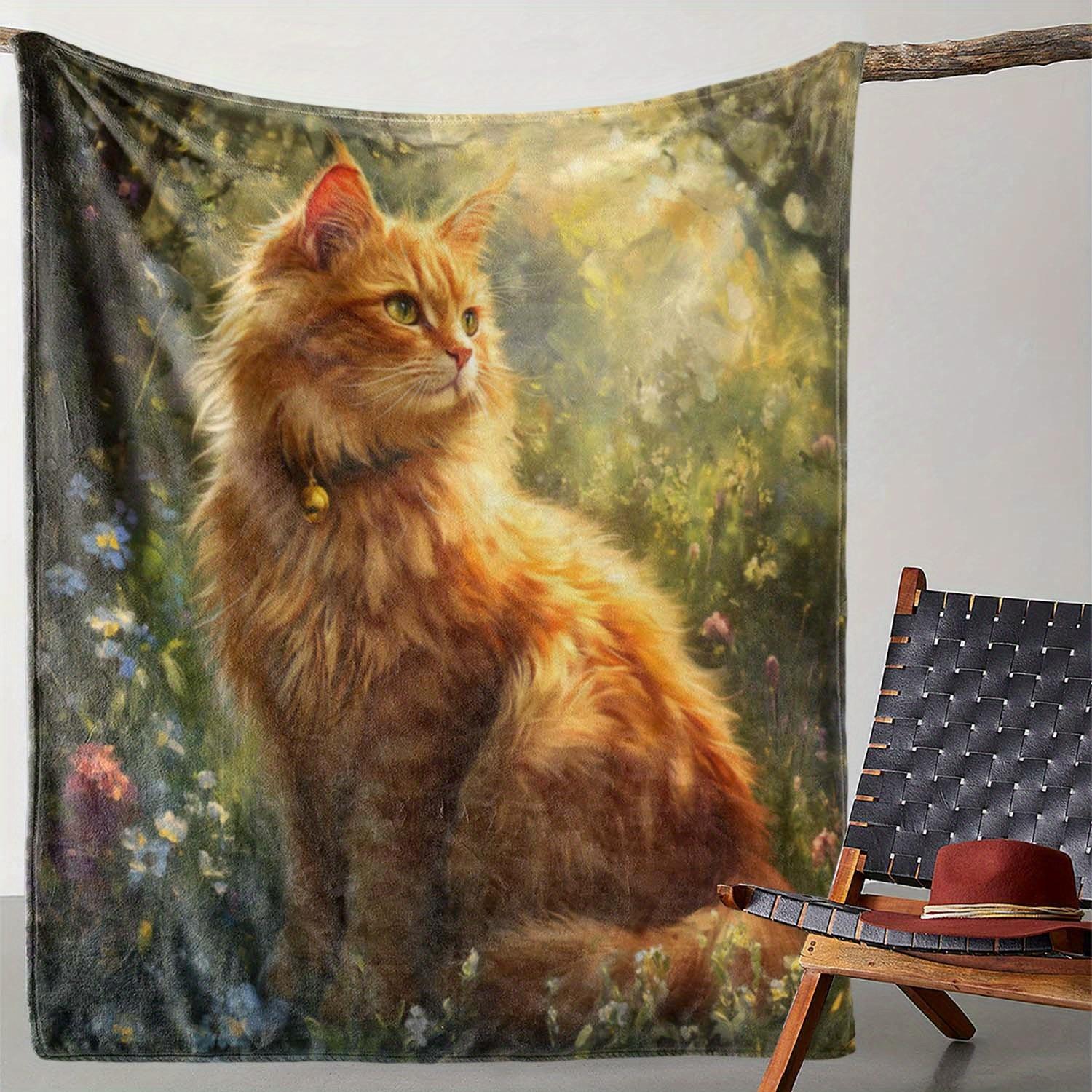 1pc Vintage Floral Cat Print Flannel Throw Blanket - Soft, Cozy, All-Season Knitted Polyester Blanket for Sofa, Bed, Office, Cam 75x90cm