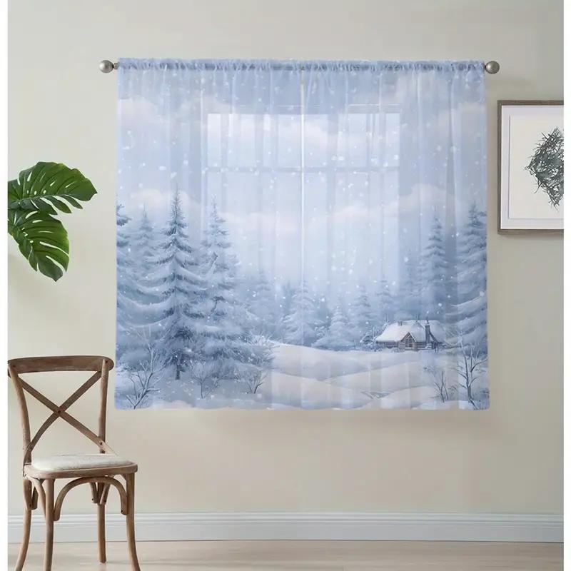 

Set Of 2 Christmas Forest Snow Scene Curtains Pole Bag Design Suitable Decoration Various Scenes Curtain Sheer Polyester W100*H70(CM)-Rod Pocket&2PCS