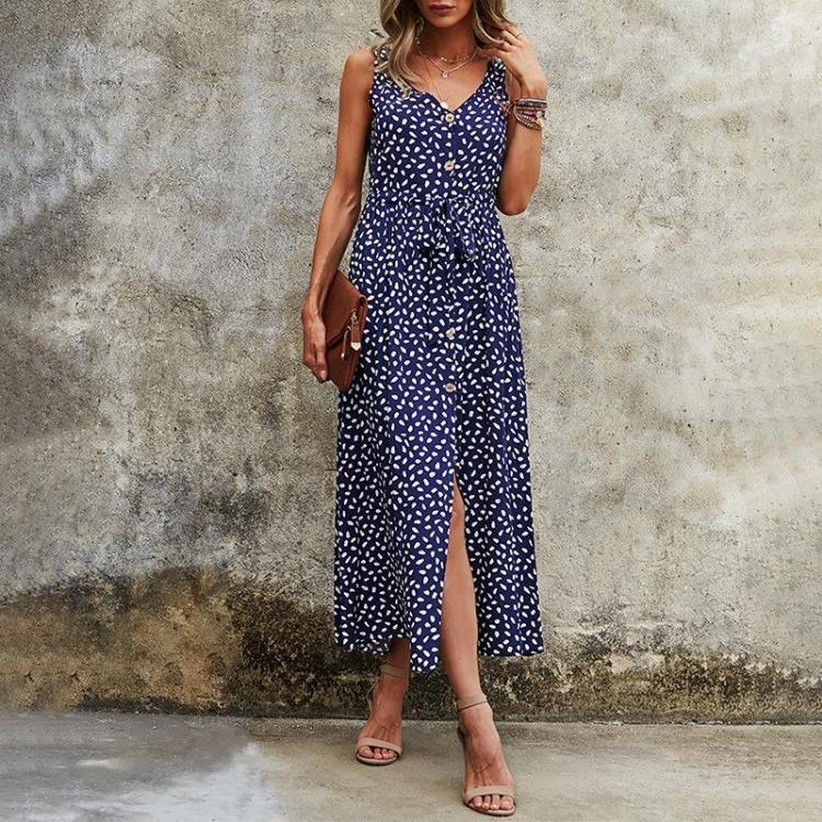Vacation Women Dress S-XXXL Long Sleeveless V-neck Bandage Style High Waist Button Print Summer