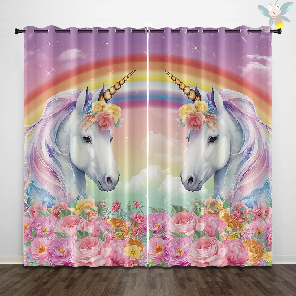 2 Stück verträumte Vorhänge mit Einhorn-Musterdruck, rosa Cartoon-Blume Regenbogen zur Dekoration, Schlafzimmer, Wohnzimmer