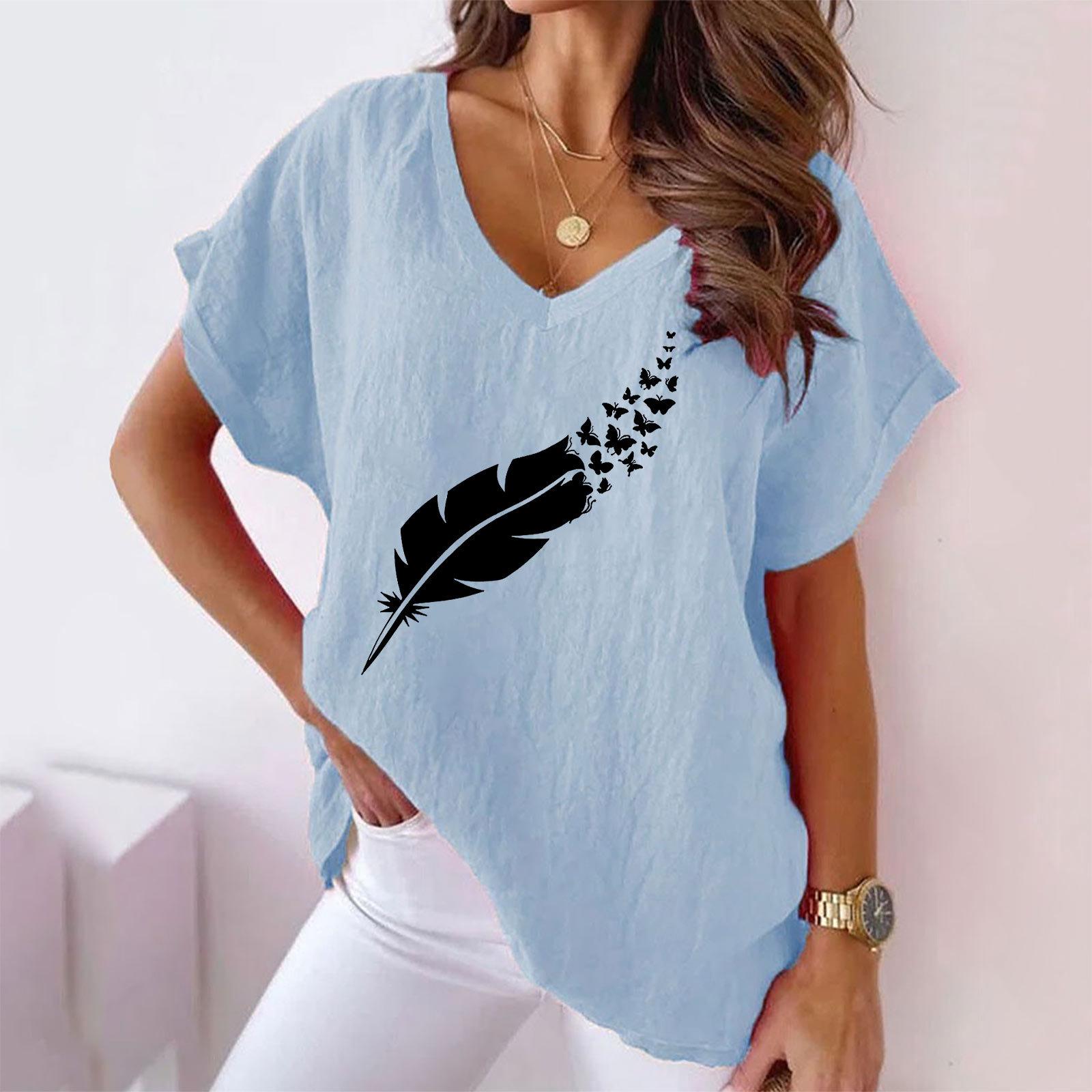 

Лето 2023, женская повседневная футболка больших размеров с v-образным вырезом и принтом «летучая мышь» и короткими рукавами, большие размеры S синий