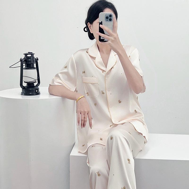 Women's 2025 Ice Silk Pajamas: Summer Thin, Loose Fit, Short Sleeve & Long Pants Set for Spring/Autumn