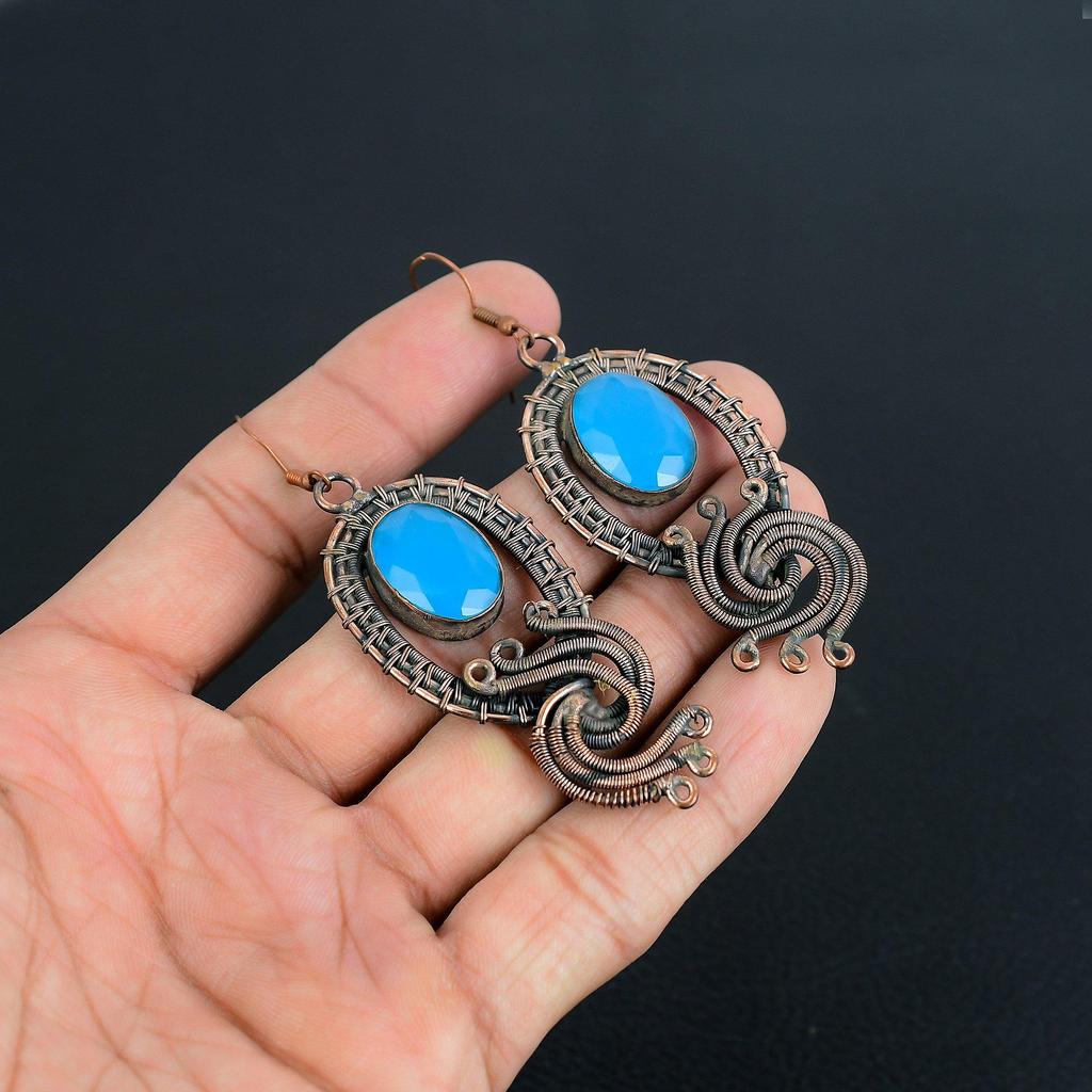 Blue Chalcedony 999 Copper Wire Wrapped Earrings, Handmade Gemstone Earrings Jewelry, Gifts For Wife Brand New Earrings