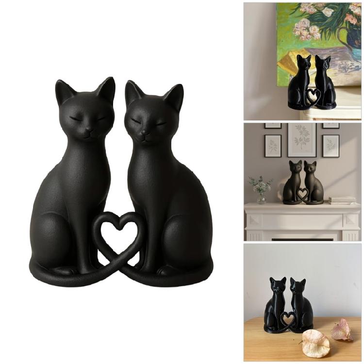 Cute Small Cats Sculpture With Heart Design Black Kitten Couple Figurine For Bedsides Table And Wedding Parties Present