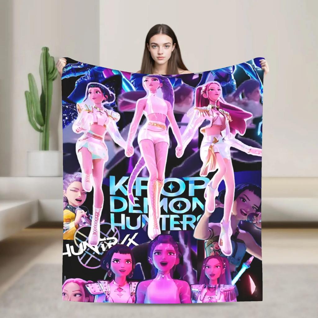 Kpop Demons Huntrix Hunters Flannel Throw Blanket Rumi Mira Joey Creative Bedspread Rug xcm Soft Cozy
