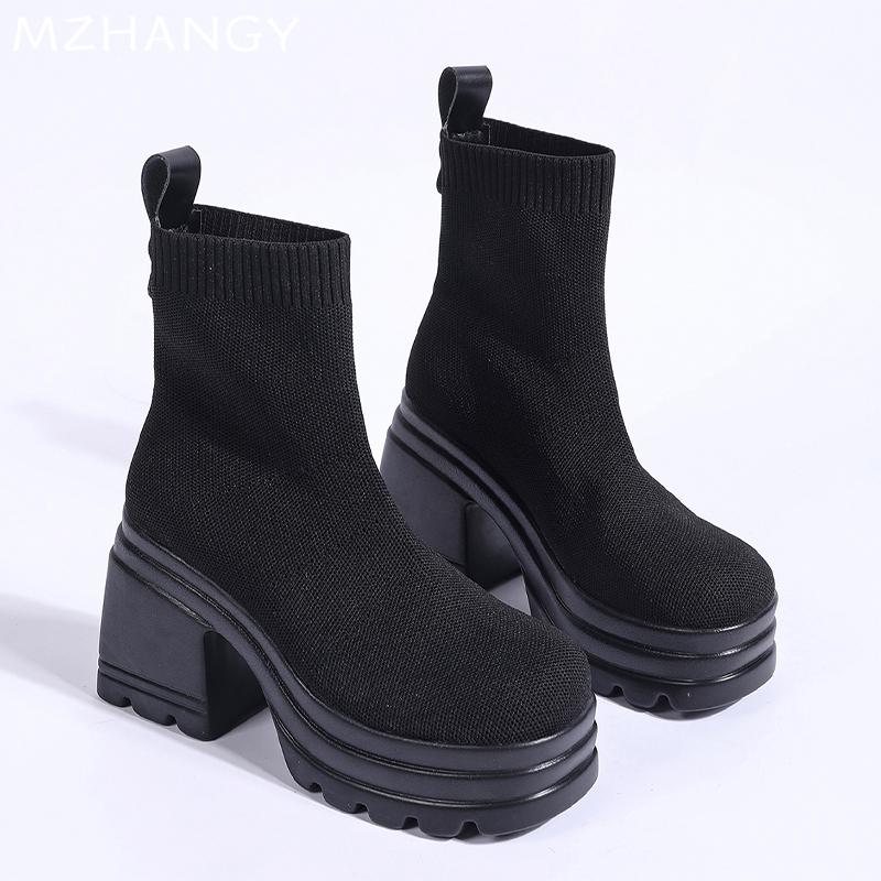fashion Platform Women Thick Sock Bootsl Elegant High Heels Shoes Woman 2025 Trend Fashion Knitting Cozy Dress Ankle Boots Mujer Botas