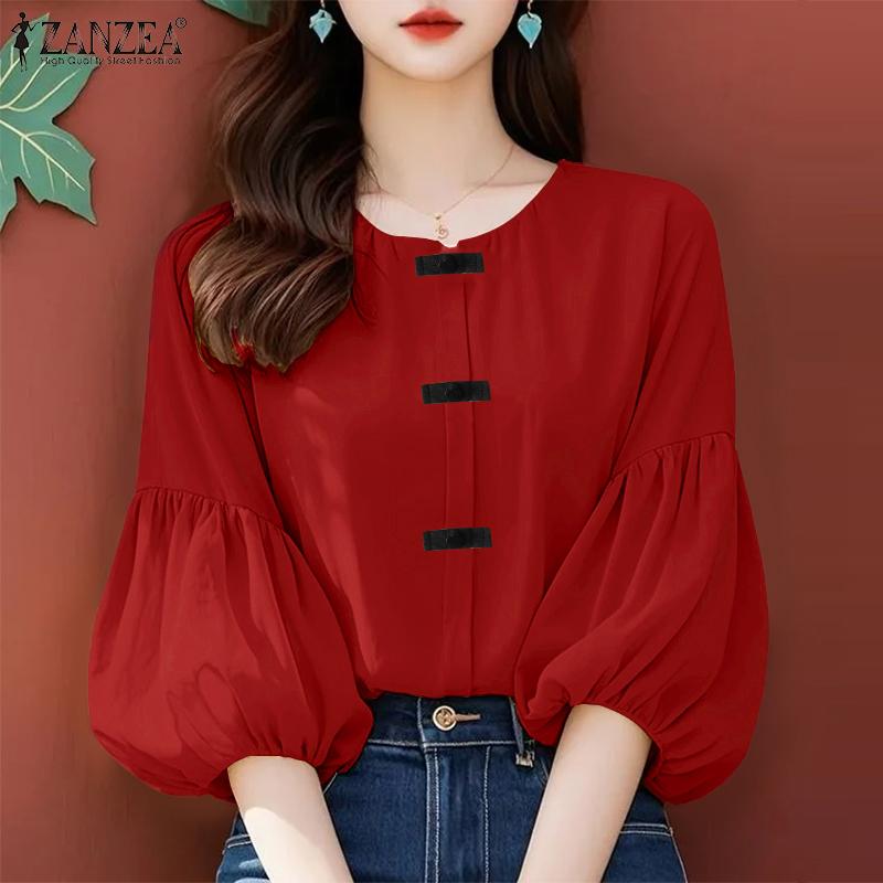 ZANZEA Bluză lejeră cu mâneci 3/4 pentru femei, cu gât rotund