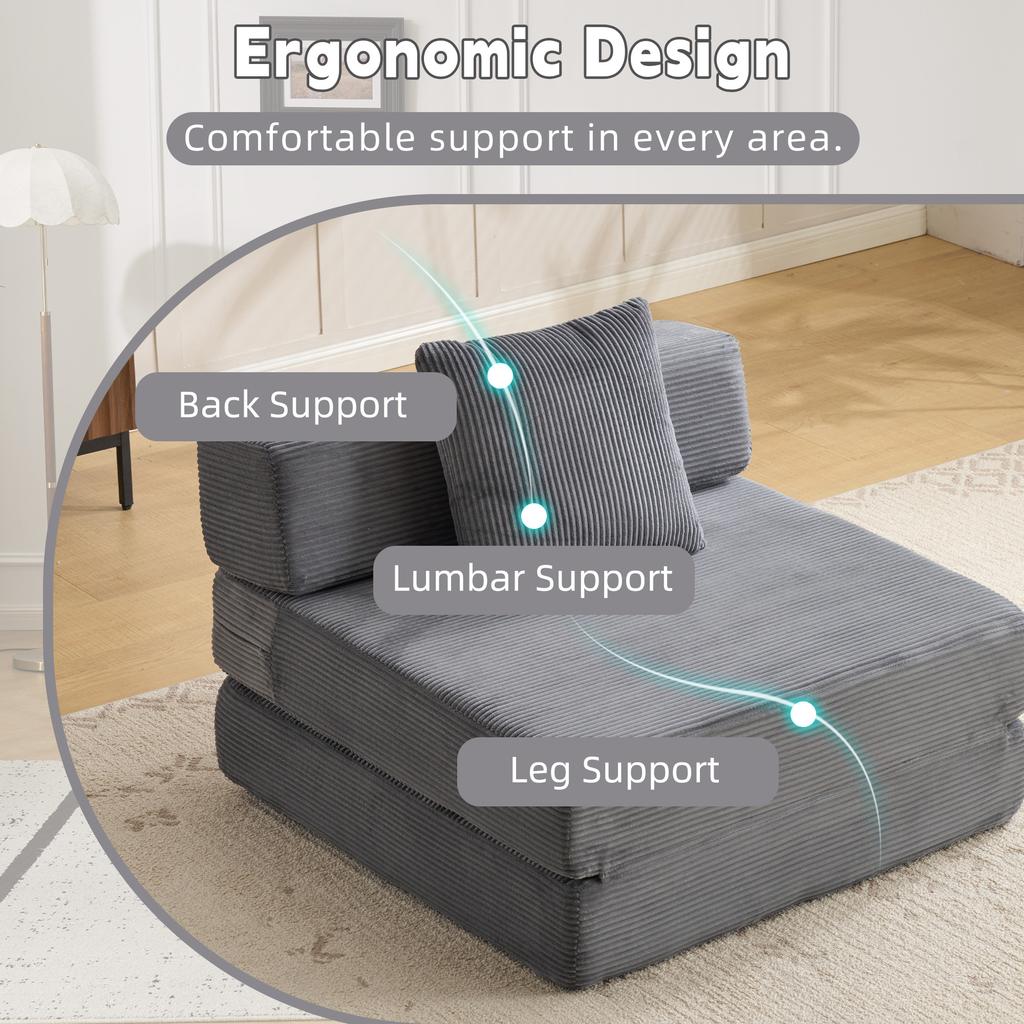 Floor Couch,Compression Sofa,Convertible Sofa Bed-with Pillow Back Support Armrest,Corduroy Fabric,for Living Room Bedroom,Dark Grey