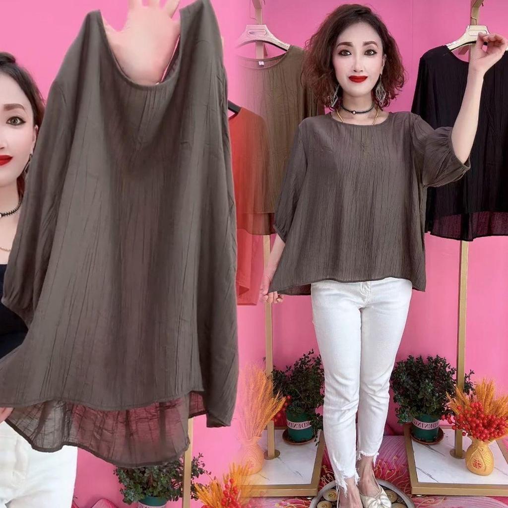 2024 Damen Tencel Baumwolle Leinen Mittellangärmelige Lockere Freizeitbluse mit Schlankmachender Bauchkontrolle für Mittelalte und Ältere