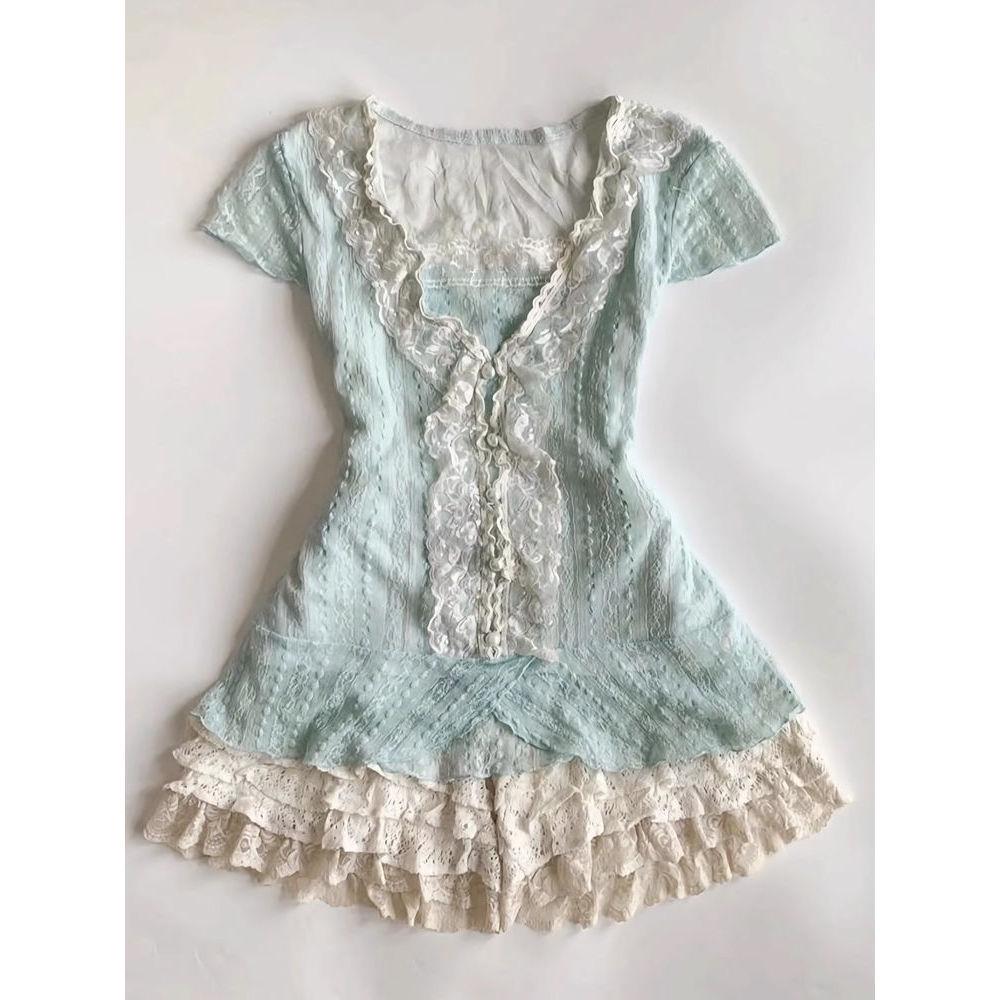 Vintage Lace Ballet Mini Skirt & Mint Top Set