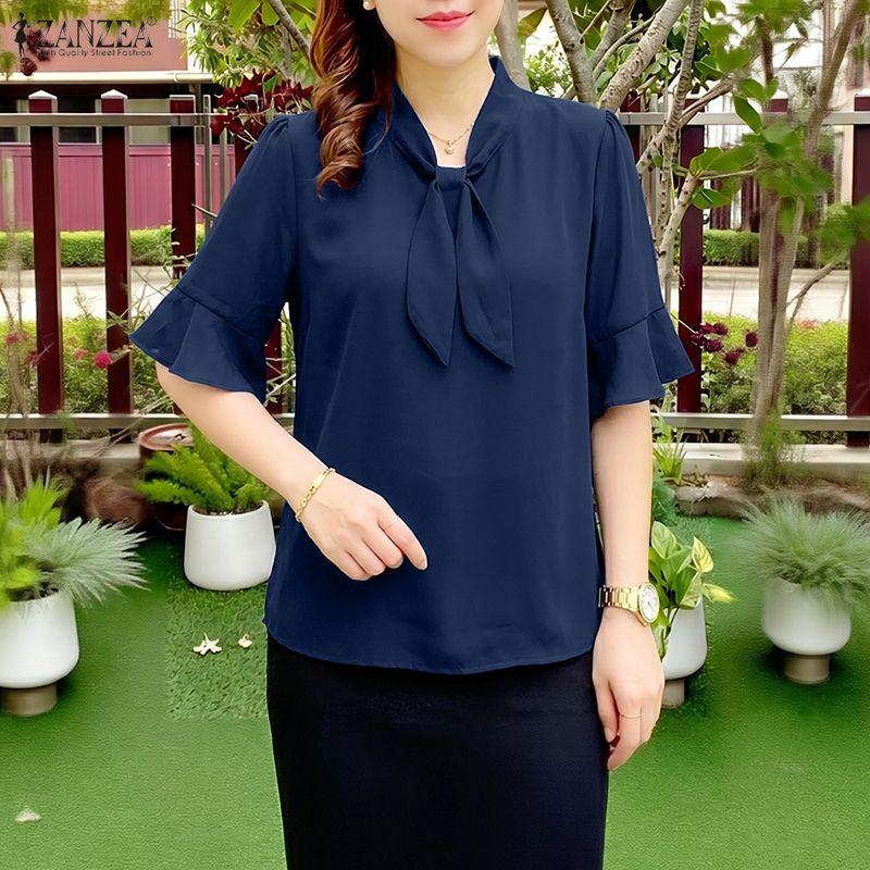 ZANZEA Women Elegant Round Neck Solid Color Loose Half Sleeve Blouse