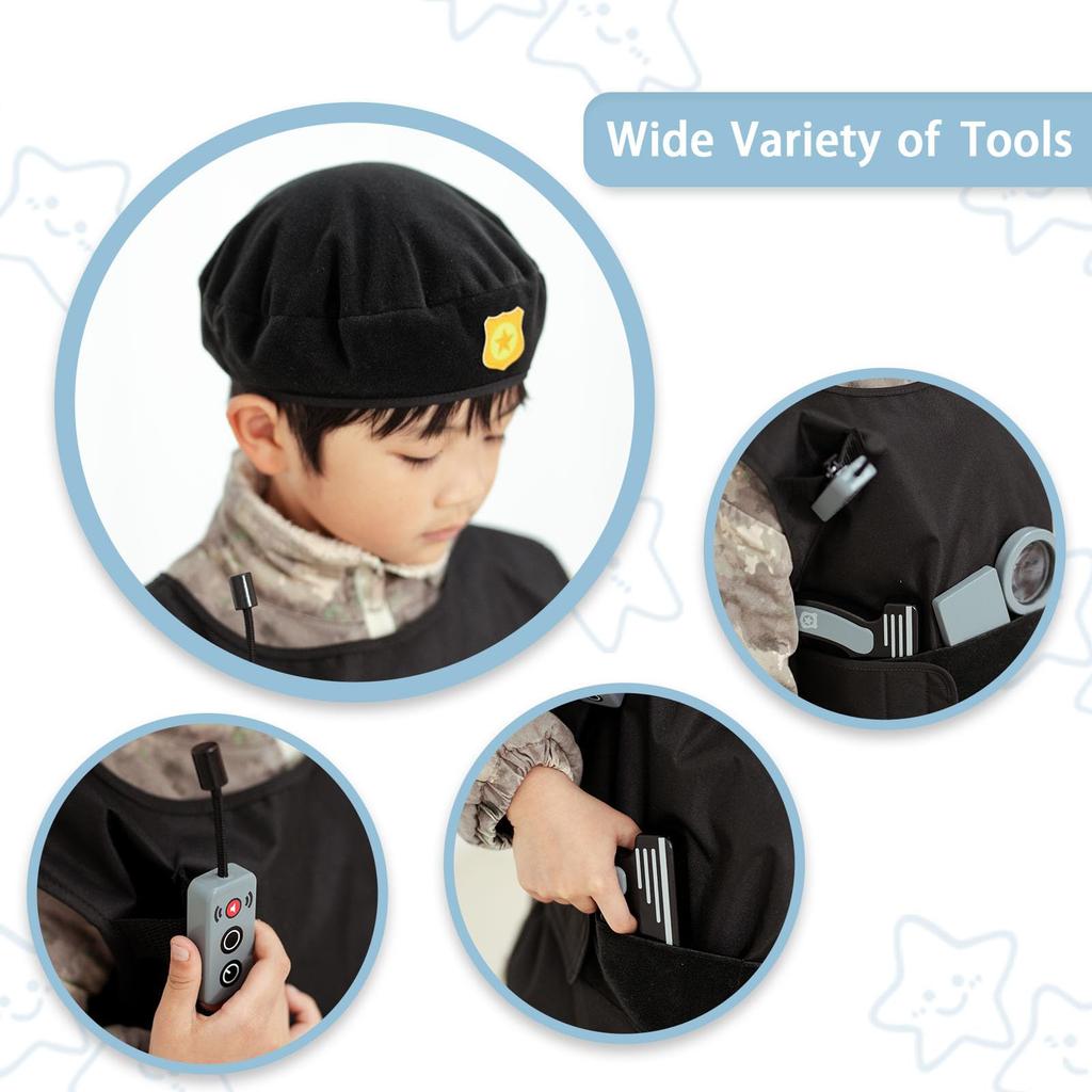 [UMU] 17-Piece Wooden Police Set for Kids, Includes Police Officer, Handcuffs, Police Gear, Toy Pistol, and Toy Walkie-Talkie for Role Play, Perfect