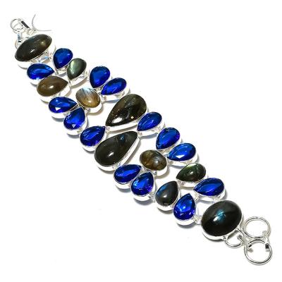 Labradorit, Blautopas Handgefertigt 925 Sterlingsilber Armband 7-8" F6u83