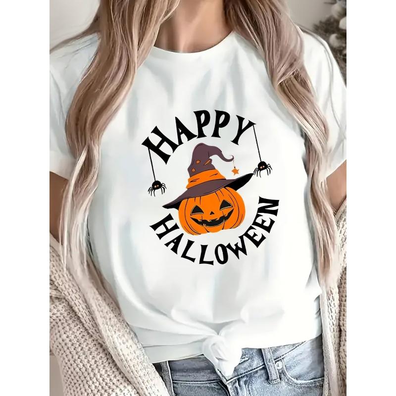 Women Pumpkin Witch Print Halloween Festival Party Casual Short Sleeve Tee