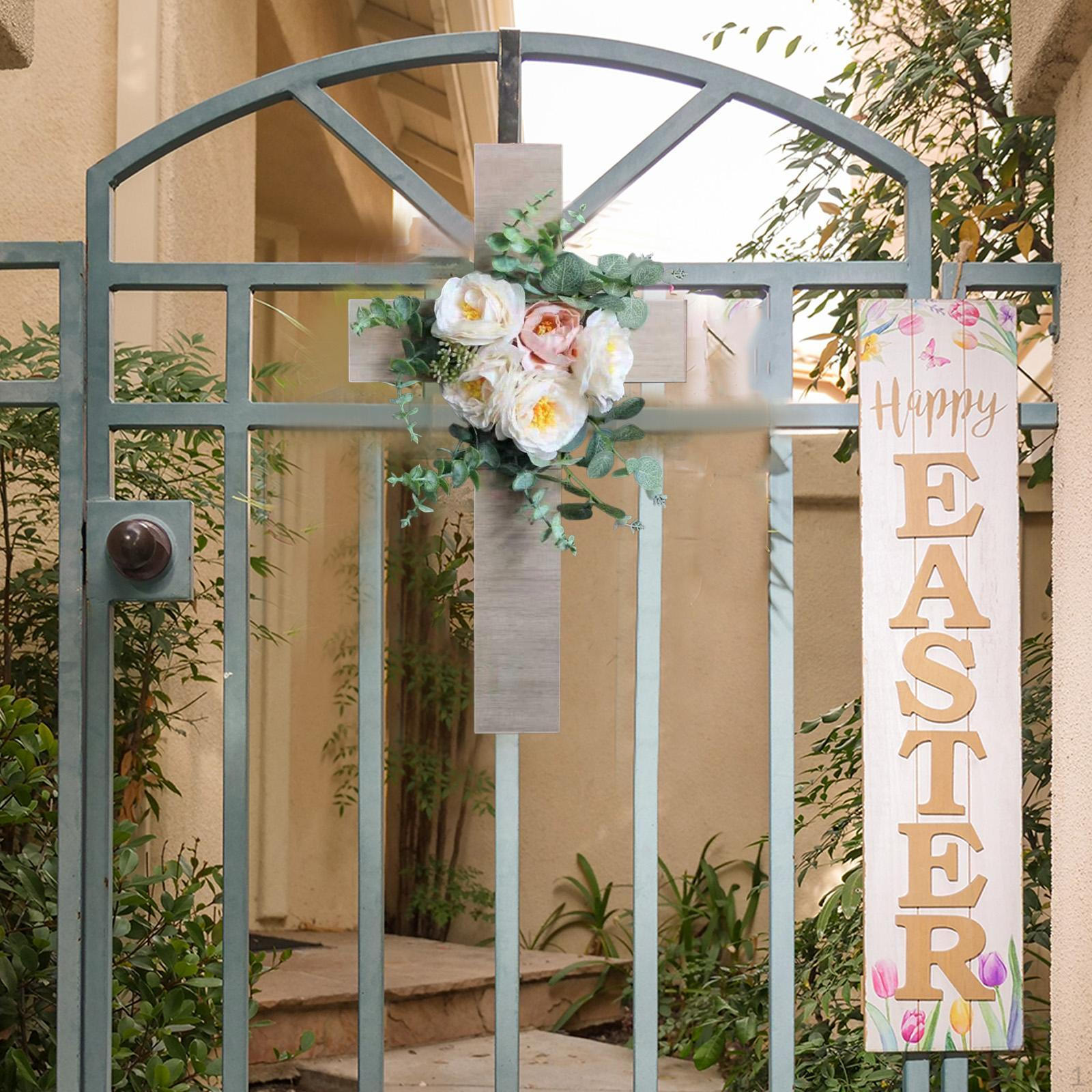 

Easter Cross Wreath,Artificial Flower Spring Wreath Home Decoration Greenery Leaves Door Sign for