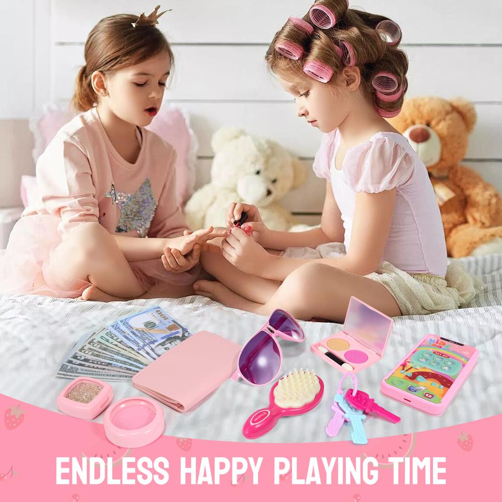 Girls Pretend Play Purse Toy Set | Kids Makeup, Wallet, Phone, Sunglasses & Accessories | Princess Role Play Handbag Gift