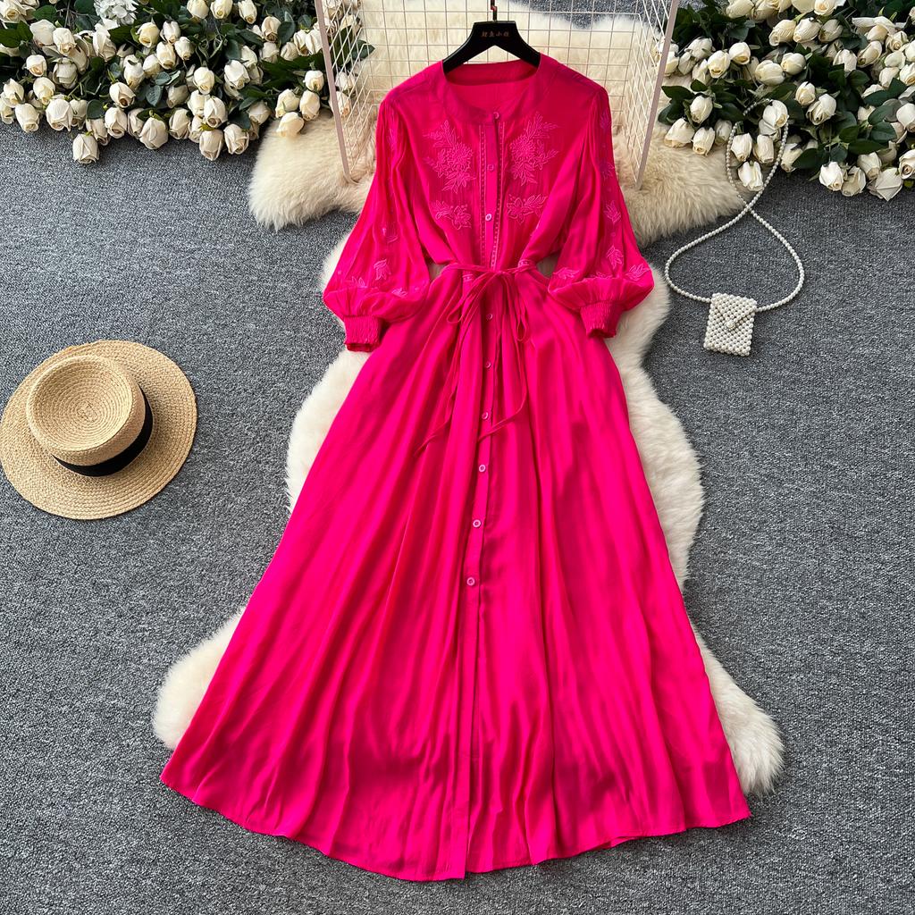 Vintage Elegant Embroidered Button Dress A-line Chic Casual Beach Vacation Women Summer Dresses