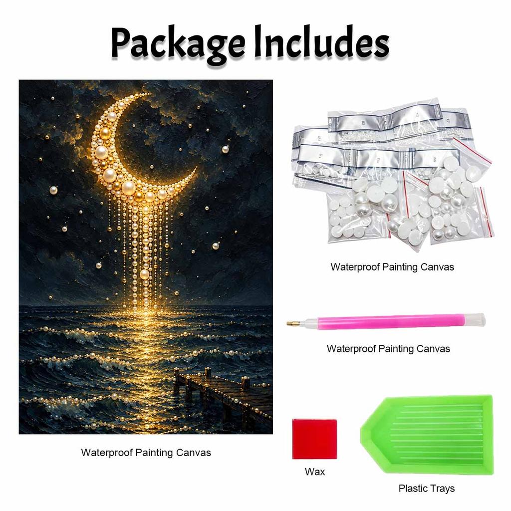 Unique 5D Framed Pearl Painting Kit with Golden Crescent Moon Night Sea Pattern Sparkling Bead Art Canvas DIY Handmade Craft for Living Room Decor