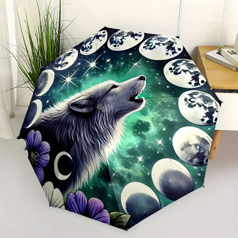 1pc Moon Wolf Compact Travel Umbrella, Automatic Folding Lightweight Windproof 8-Bone Reinforced Design,012130