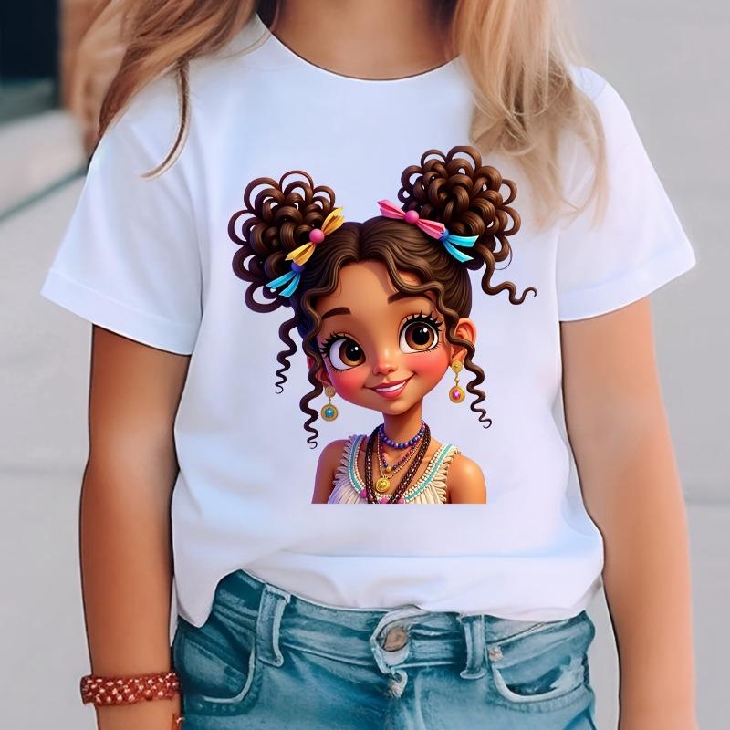 Girls  Short-Sleeve T-Shirt Double Ponytail Girl Cartoon Print Summer Fashion Casual Top with Earrings 110 белый