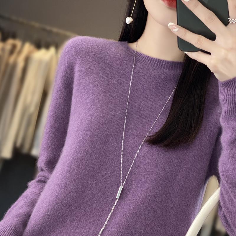Women's Pure Wool Loose Knit Cashmere Sweater - Round Neck, Long Sleeve, Soft Base Layer for Autumn/Winter