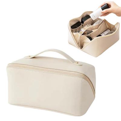 Sac à cosmétiques de voyage portable en cuir PU Sac de maquillage Grande capacité Organisateur de sac à cosmétiques Trousses de toilette avec poignée et