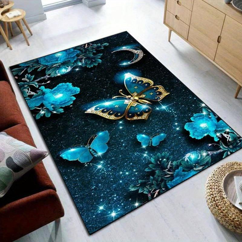 Stunning Blue Butterfly GalaxyRug for Living Room Decor3D Floral Carpet with Moon Design Home Accessories Skid resistant carpet