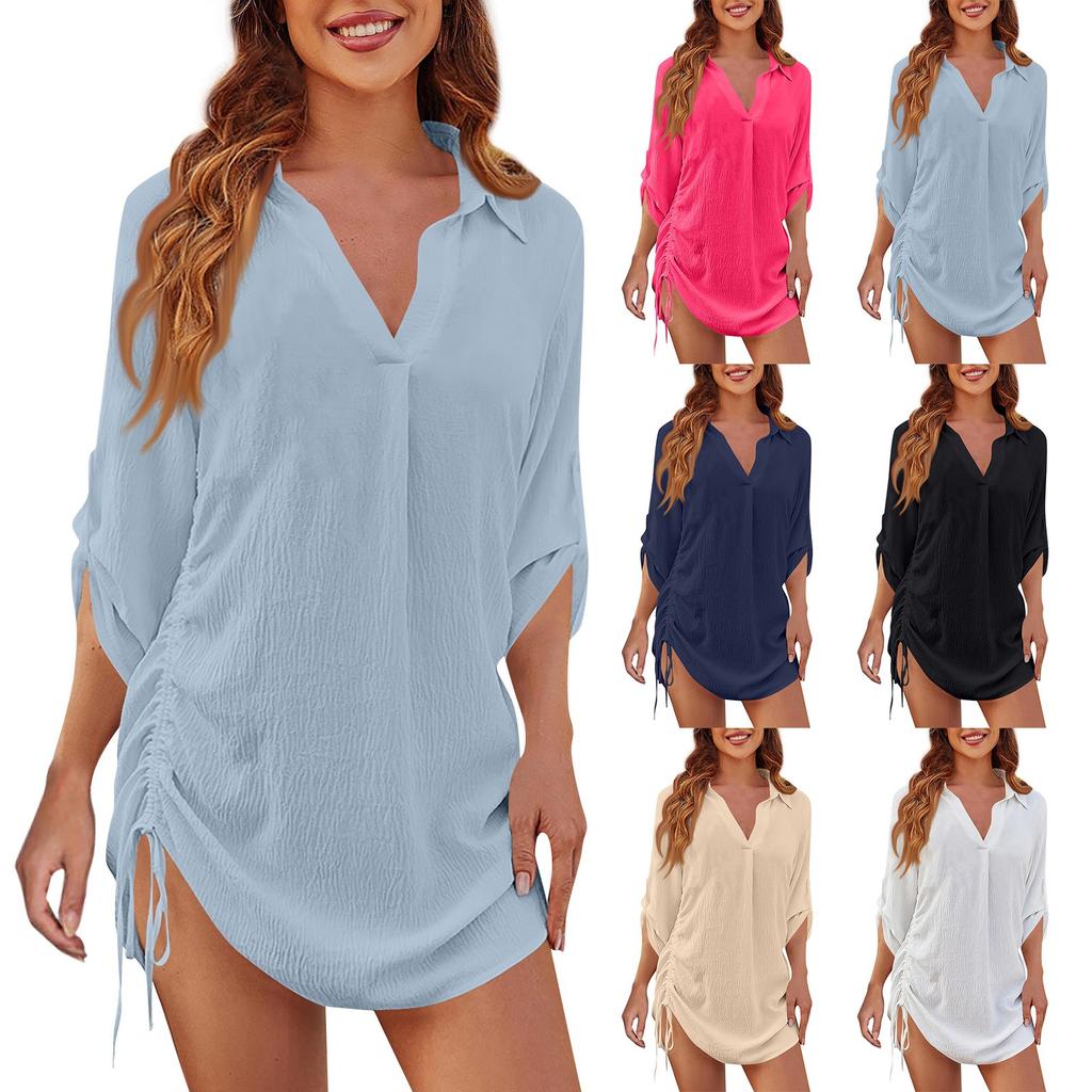 Solid Color Lapel Cover Up, V Neck Long Sleeves Drawstring Tie Side Beach Cover Up Shirt, Women's Swimwear & Clothing For Holiday