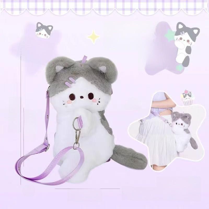 Cat Prone Backpack With Plush Animal Cartoon Crossbody Bag On Both Shoulders